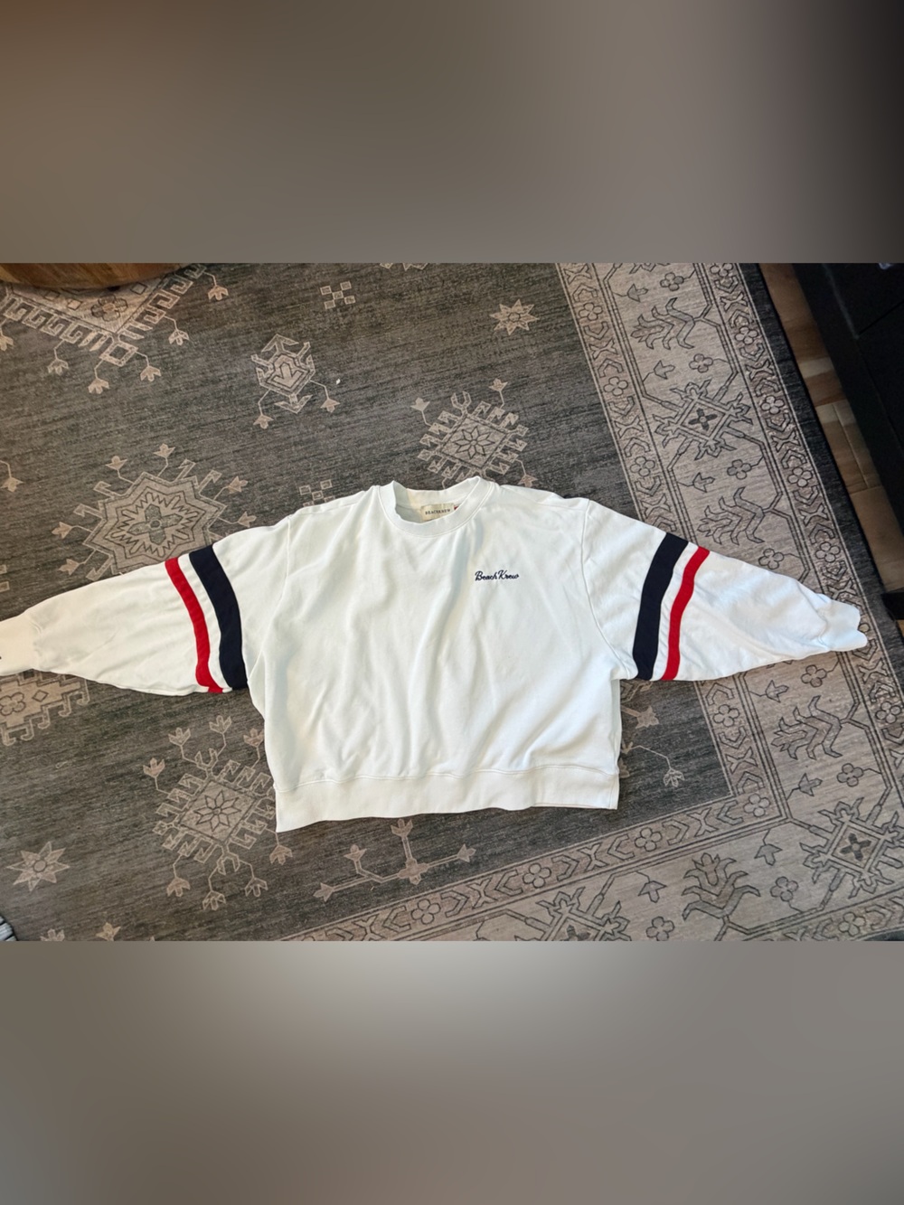 Beachkrew Women's White Crewneck Sweatshirt with Red & Navy Sleeve Stripes